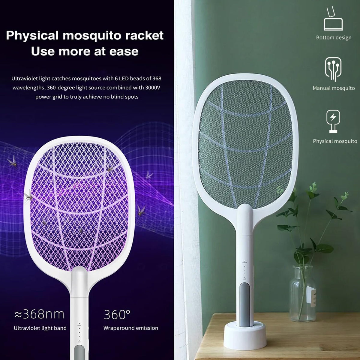 Premium USB Rechargeable Mosquito Racket with Stand | Electric Insect Killer Swatter Bat for Indoor & Outdoor Use