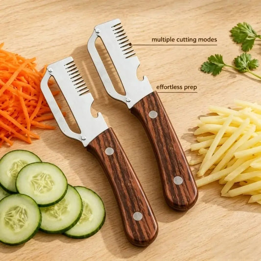 Premium 3-in-1 Stainless Steel Vegetable Peeler & Cutter | Multifunctional Fruit Vegetable Slicer with Wooden Handle & Bottle Opener
