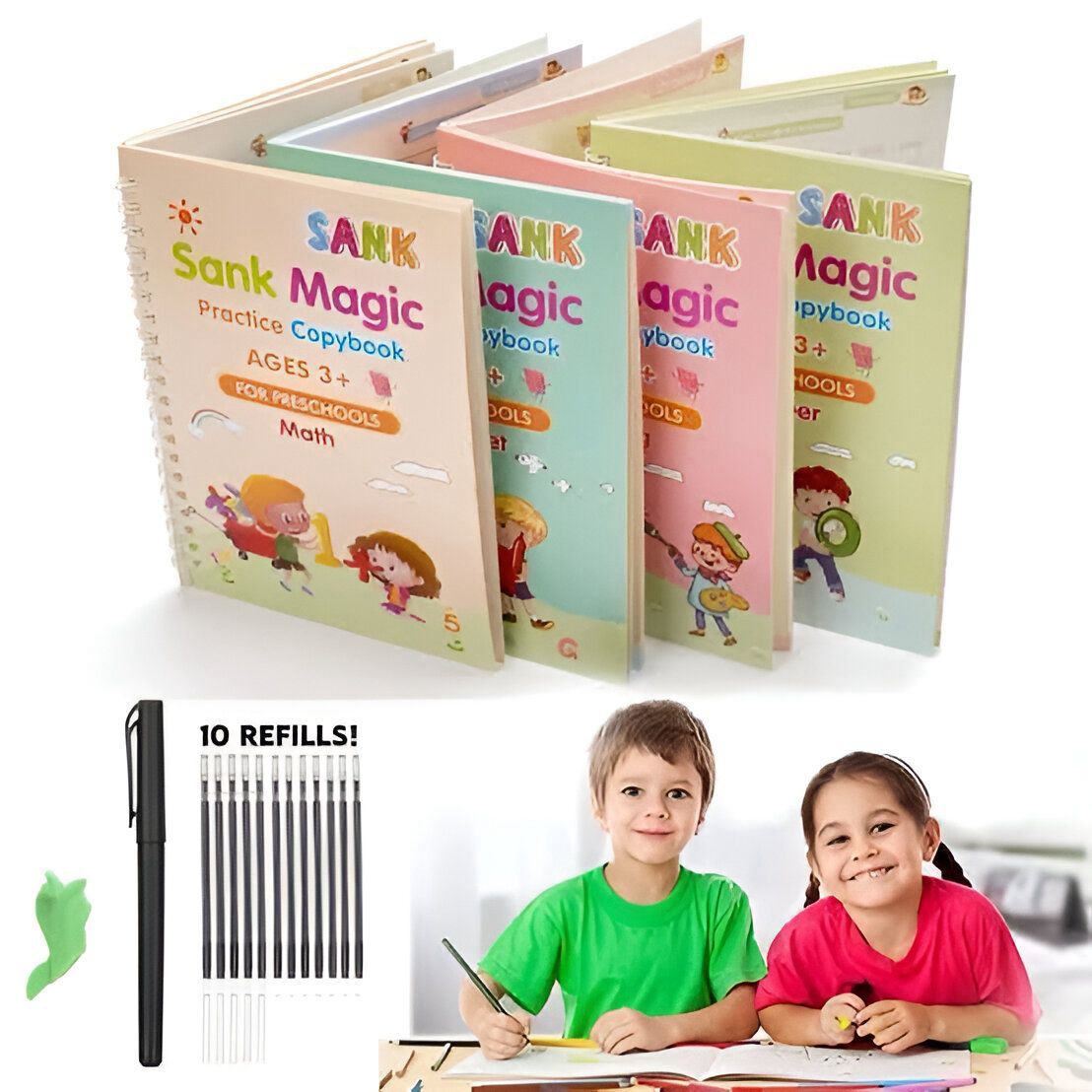 Premium SANK Magic Practice Copybook Set for Kids | 4 Reusable Handwriting Books with Pen & 10 Refills for Writing & Learning